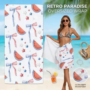 Microfiber Beach Towels Watermelon Slices Bows Stars Red White Blue Theme Watercolor Painting Style Sand Free Quick Dry Lightweight Beach Pool Cruise Travel Essentials 4th of July Fruit Coquette Towel