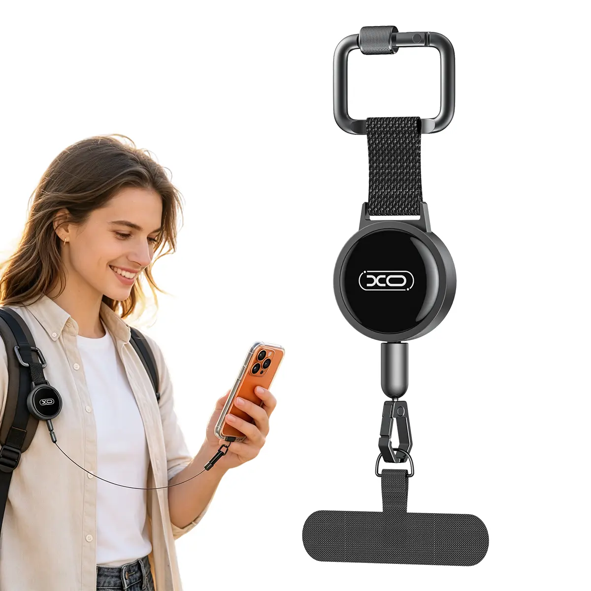 XO Anti-theft Mobile Phone Tether Accessory, Retractable Steel Cord Lanyard with Locking Carabiner, 360° Rotatable Metal Tether Tab for Outdoor Skiing, Hiking