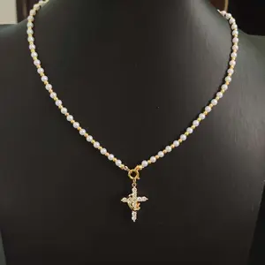 Removable Crown Cross Pearl Bead Necklace, Retro Simple Pearl Collar Chain