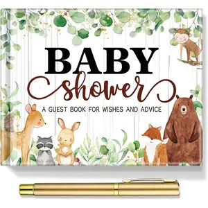 27 Pcs Woodland Animal Baby Shower Guest Book Set Baby Shower Sign in Guest Floral Book Place Table Cards with Gold Pen Adhesive Photo Corner for Birthday Party