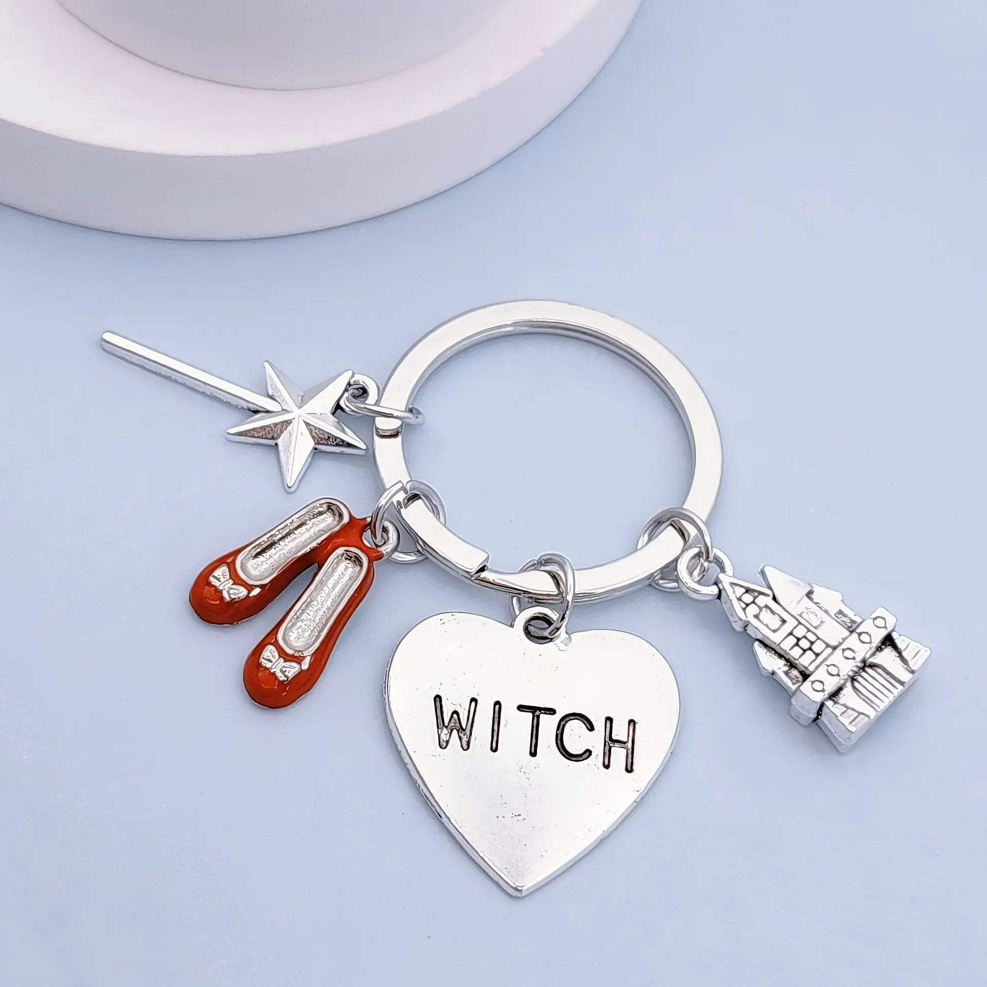 1Pc Witch Theme Keychain with Red Shoes, Magic Wand, Castle and Heart Pendant - Zinc Alloy Keyring for Backpacks and Accessories for Halloween