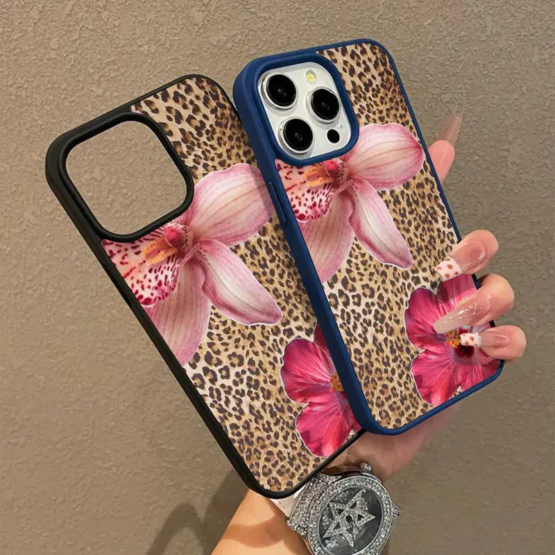 Leopard Pink Lily Pattern Premium Magnetic Phone Cases for iPhone 17 16 15 14 Pro Max 13 12 11 Plus Smartphone Shockproof Protection Acrylic Cover Cellphone Protective magsafe magnetic case Aesthetic Resistance Casing Screen Protector