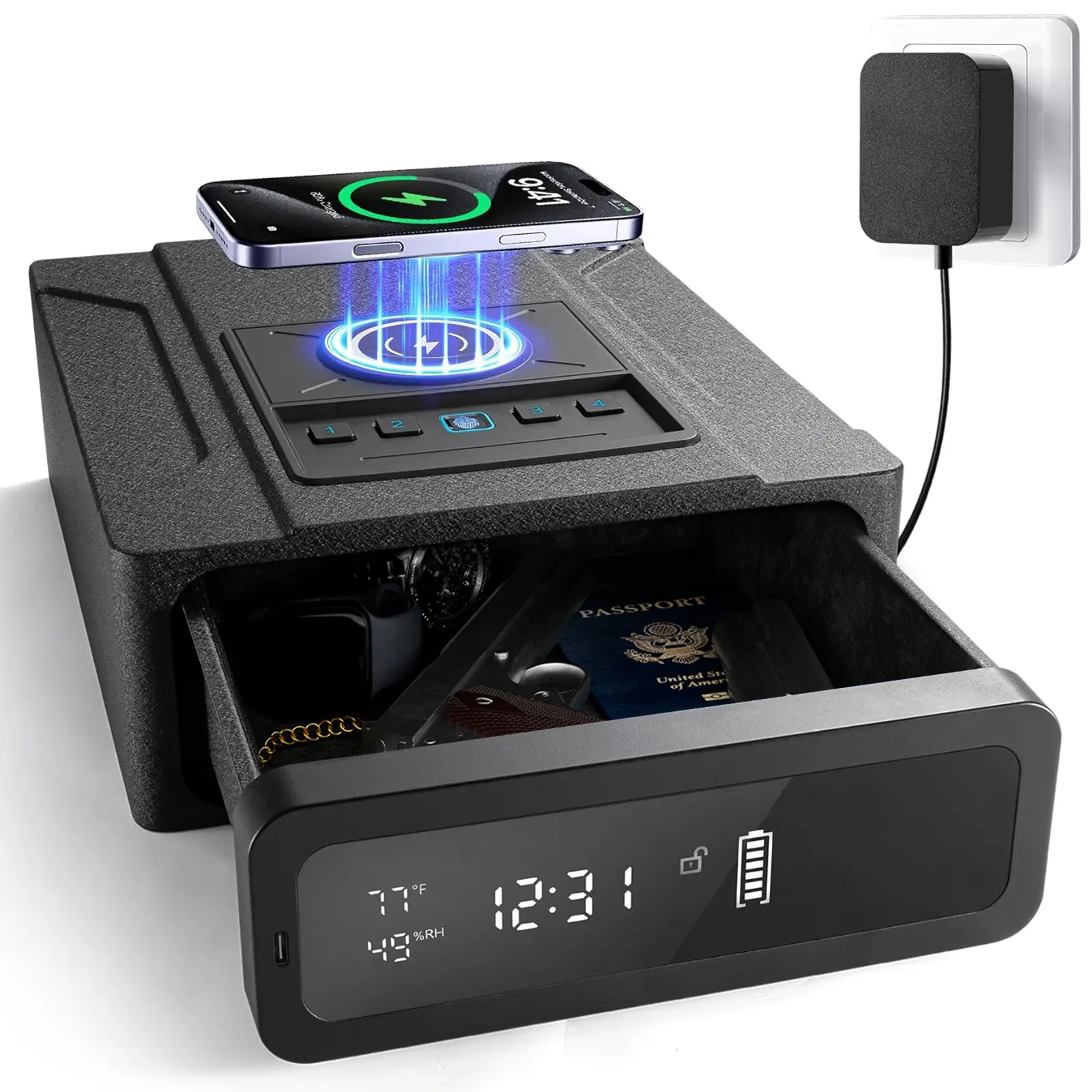 Biometric Security Safe Box - Digital Lock Security Safe with Rapid Access, Wireless Charger, Auto-Open, Climate Monitor, LED Display Screen, Digital Lock Safe, Fingerprint Safe Box