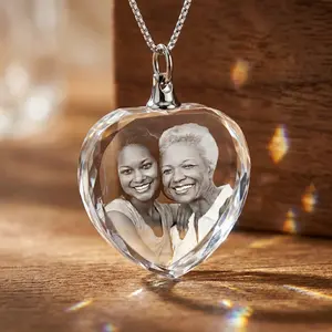 Custom Photo 3D Heart Crystal Necklace, Personalized Laser Engraved Pendant for Family & Best Friend