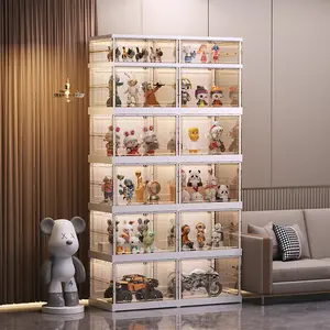 NLDD No-Assembly Foldable Display Cabinet, 3-Sided Clear Visible Showcase with Movable Wheels, Foldable Display Organizer with Magnetic Door, Free Combination for Narrow Spaces