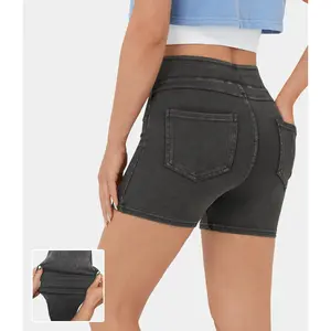 Halara Women's High Waisted Skinny HalaraFlex Shorts - 3" Stretchy Faux Cotton Knit Denim, Back Side Pocket, Casual Sports Wear