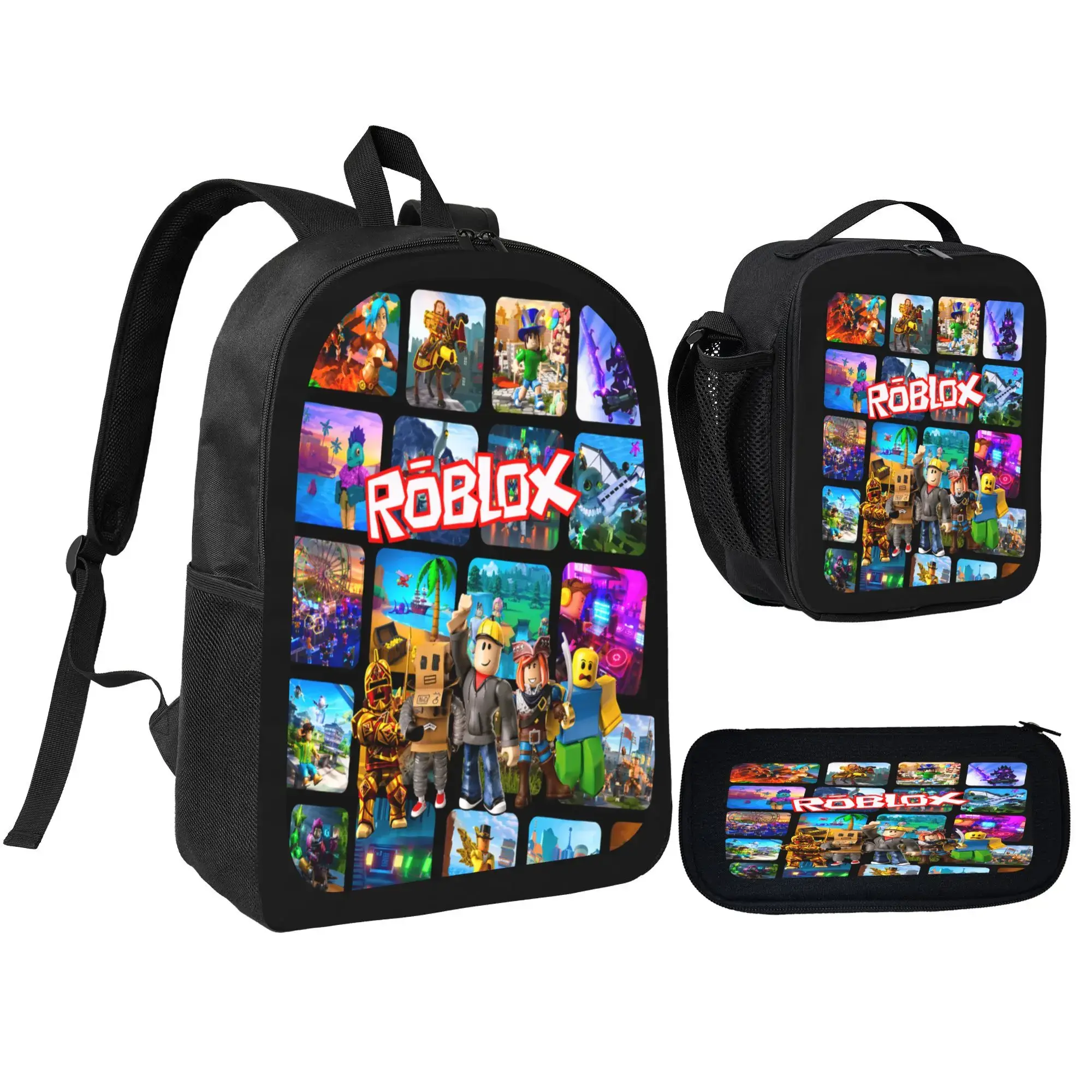 Roblox-themed 3-piece backpack set (includes backpack, lunch bag, and pencil case); features adjustable shoulder straps and zipper closures; 17-inch, lightweight, high-capacity, and durable design; Back-to-School sale.