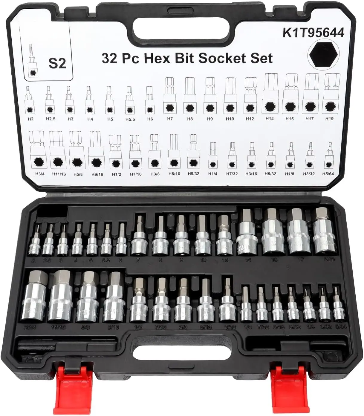 32-PC Master Allen Hex Bit Socket Set, SAE & Metric Allen Hex Key Wrench Socket Set S2 Steel 1/4", 3/8", 1/2" Drive, H5/64 - H3/4 & H2 - H19