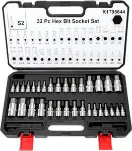 32-PC Master Allen Hex Bit Socket Set, SAE & Metric Allen Hex Key Wrench Socket Set S2 Steel 1/4", 3/8", 1/2" Drive, H5/64 - H3/4 & H2 - H19