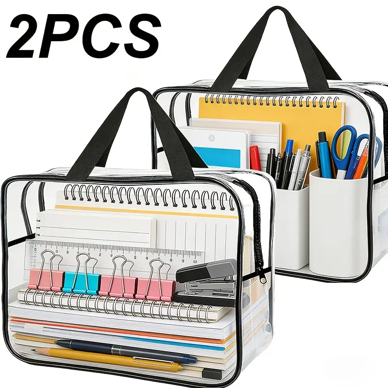Two thickened transparent large-capacity plastic storage bags, equipped with sturdy zipper pulls, are suitable for travel items, clothing, stationery, and various home organization and storage purposes. They are essential for homes and apartments