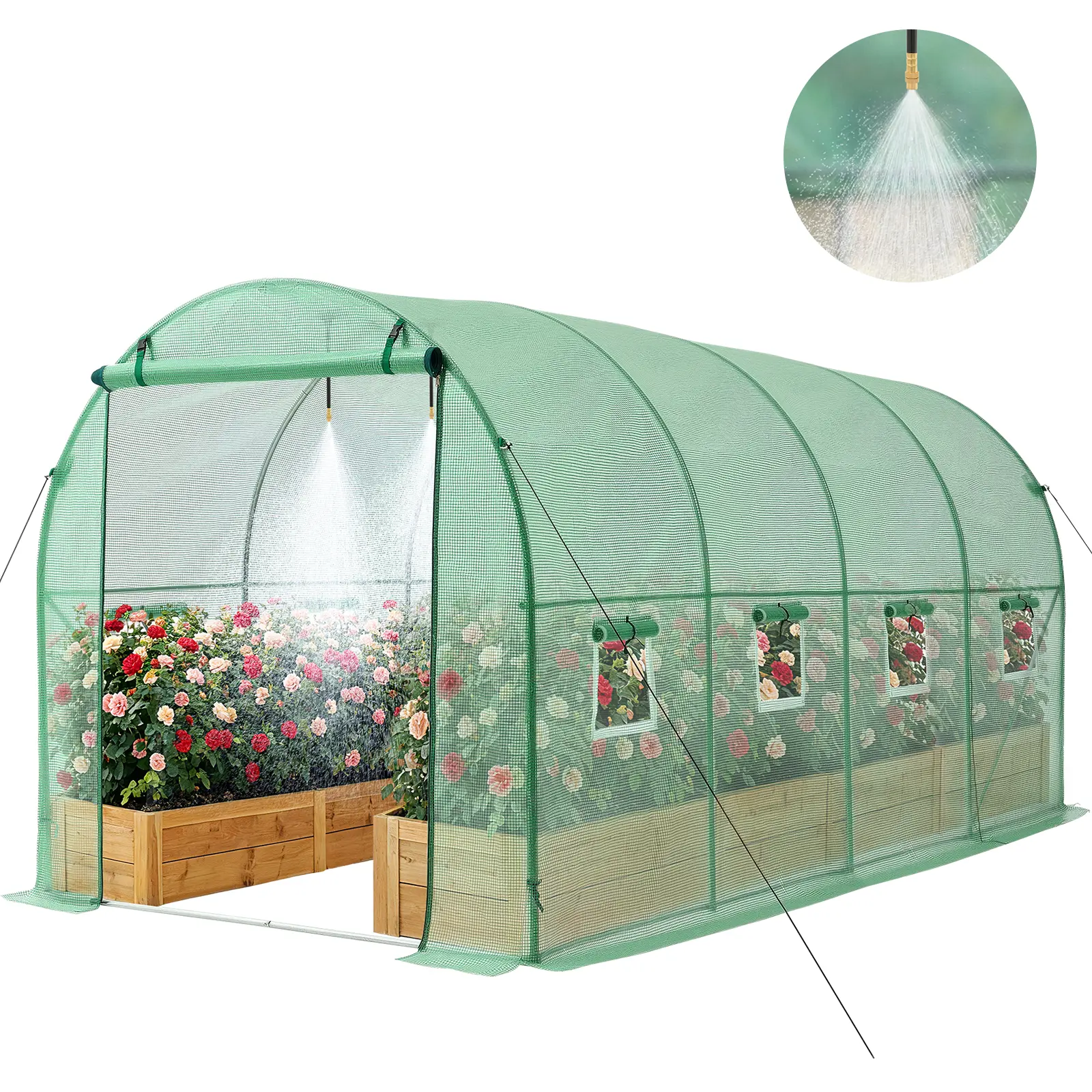 VEVOR Walk-in Tunnel Greenhouse, 15x7x7 ft Heavy Duty Hoop House with Steel Frame, PE Cover, Watering System, Roll-Up Zipper Door, 8 Windows for Outdoor Plant Growth, Heavy Duty Greenhouse, Outdoor Greenhouse#BacktoSchool