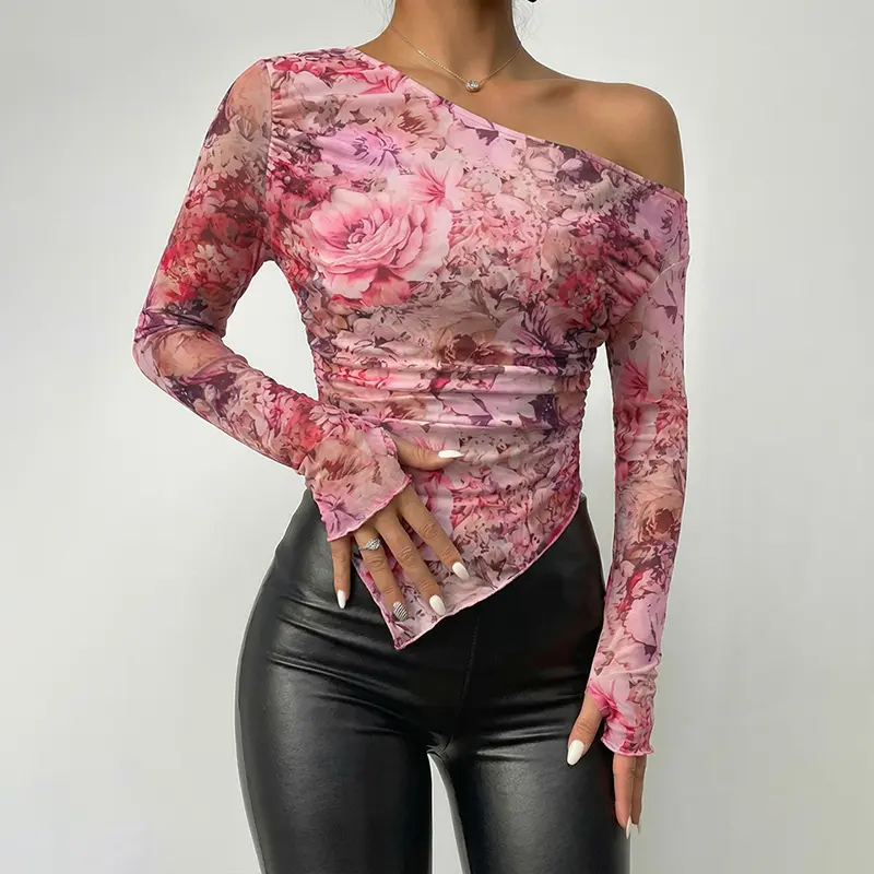 CHICME Women's Floral Print Skew Neck Long Sleeve Asymmetrical Hem Tee Slim Fit Side Ruched Sheer Mesh Top with Thumb Hole Cuffs & Lining