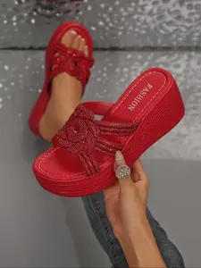 Rhinestone Rose Wedge Sandals for Women, Thick Sole Rubber Heel Lift Slimming, Breathable Non- Stuffy, Perfect for Daily Commute and Wedding
