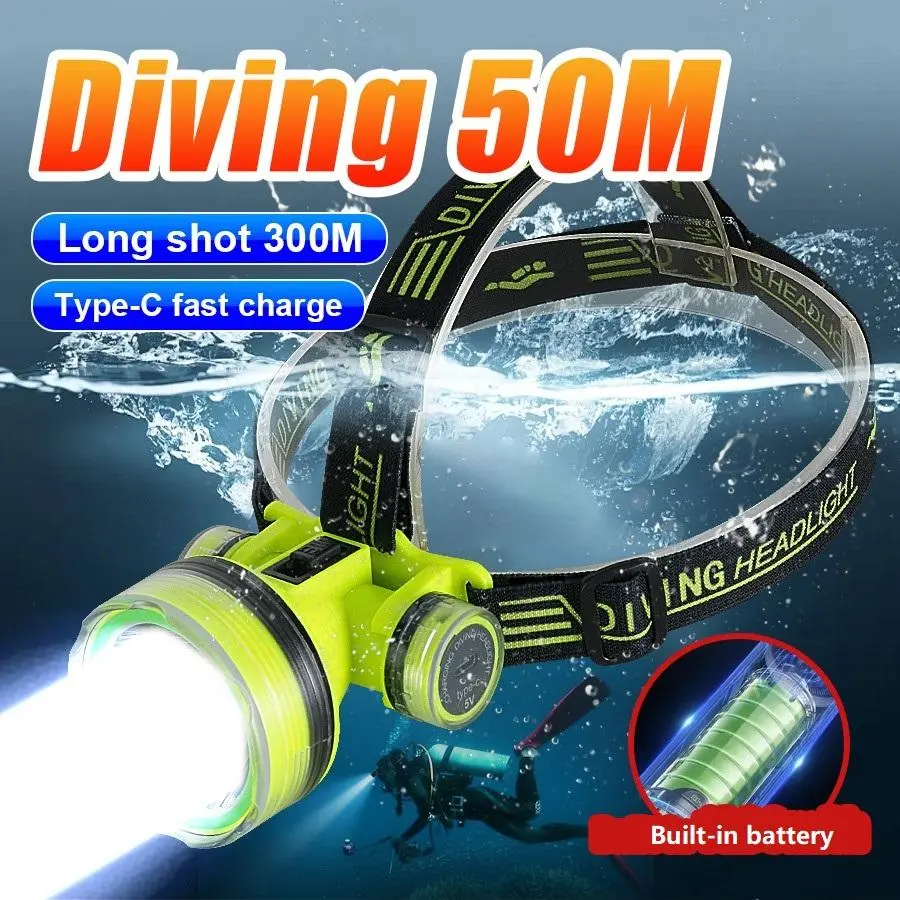 Rechargeable Underwater Headlamp for Diving Up to 50m, Super Portable Waterproof Diving Light for Divers and Clubs, Diving Headlight, Diving Gear