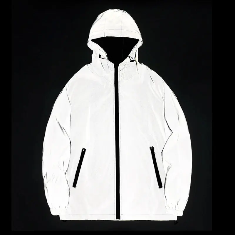 2025 New Menswear Tops, Casual Night Reflective Double-Fabric Windbreaker, Hooded Waterproof Zipper Coat for Hip Hop Dancers