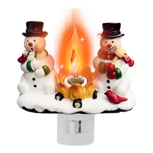 Christmas gift, snowman bonfire night light, about 4.33*4.13 inches resin rotating plug Christmas night light with flame flickering effect, suitable for children's room, corridor, living room, staircase decoration Kringle Express