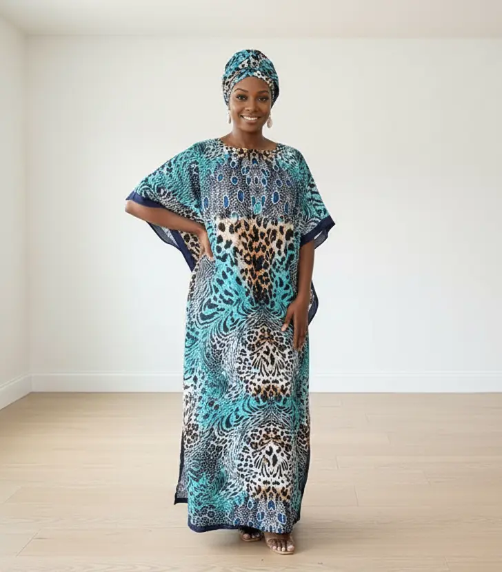 Women's 2-Piece Chiffon African Dresses Style Bubu Kaftan Set - Short-Sleeve, Cowl Neck, Turquoise Animal Print, Elegant Basic Breathable Boho Casual Dress & Holiday Turban