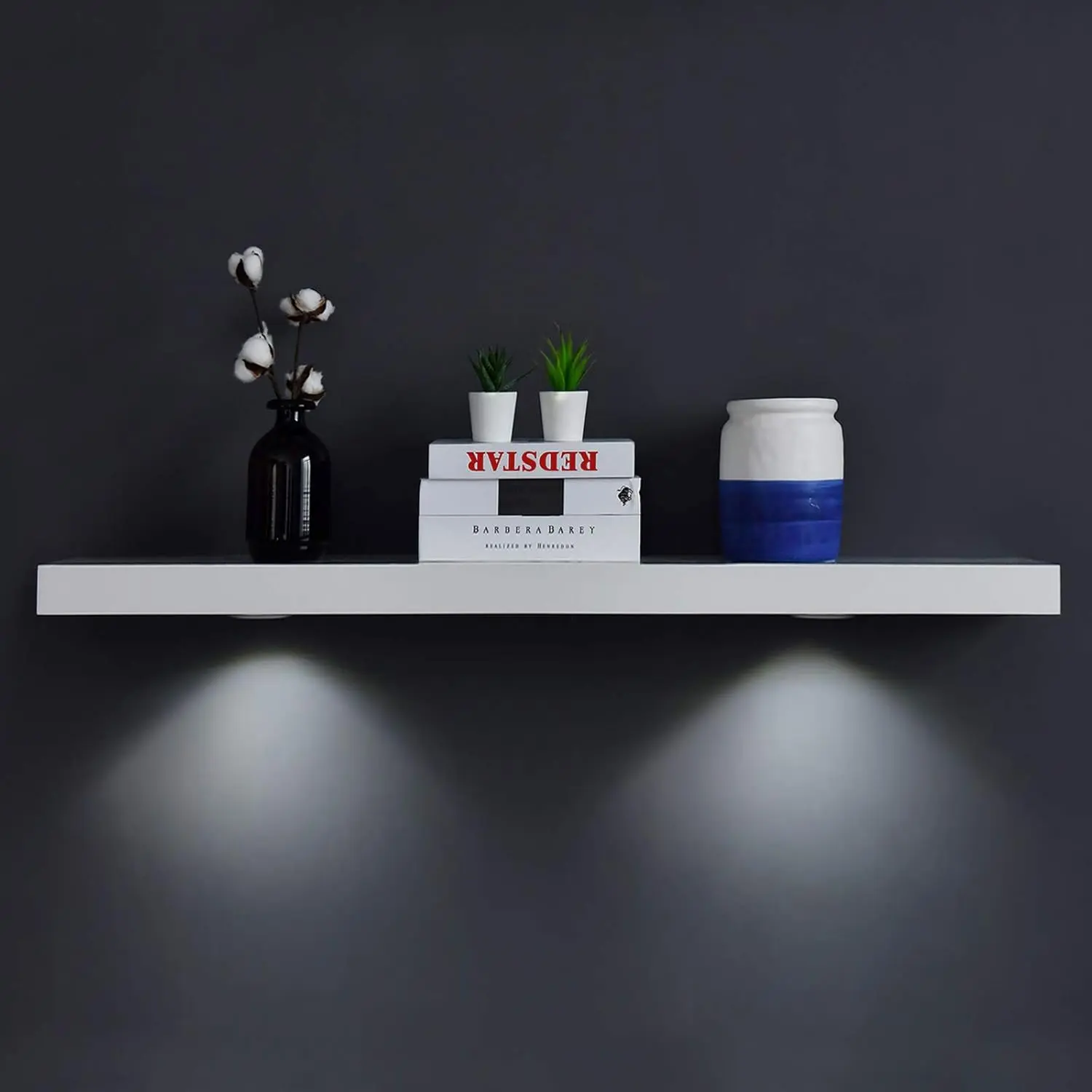 WELLAND White Floating Shelf with Touch-Sensing Battery Powered LED Light,Wall Mounted Display Shelves for Entrance, Living Room, Bedroom, Kitchen and Bathroom (48-INCH, White)