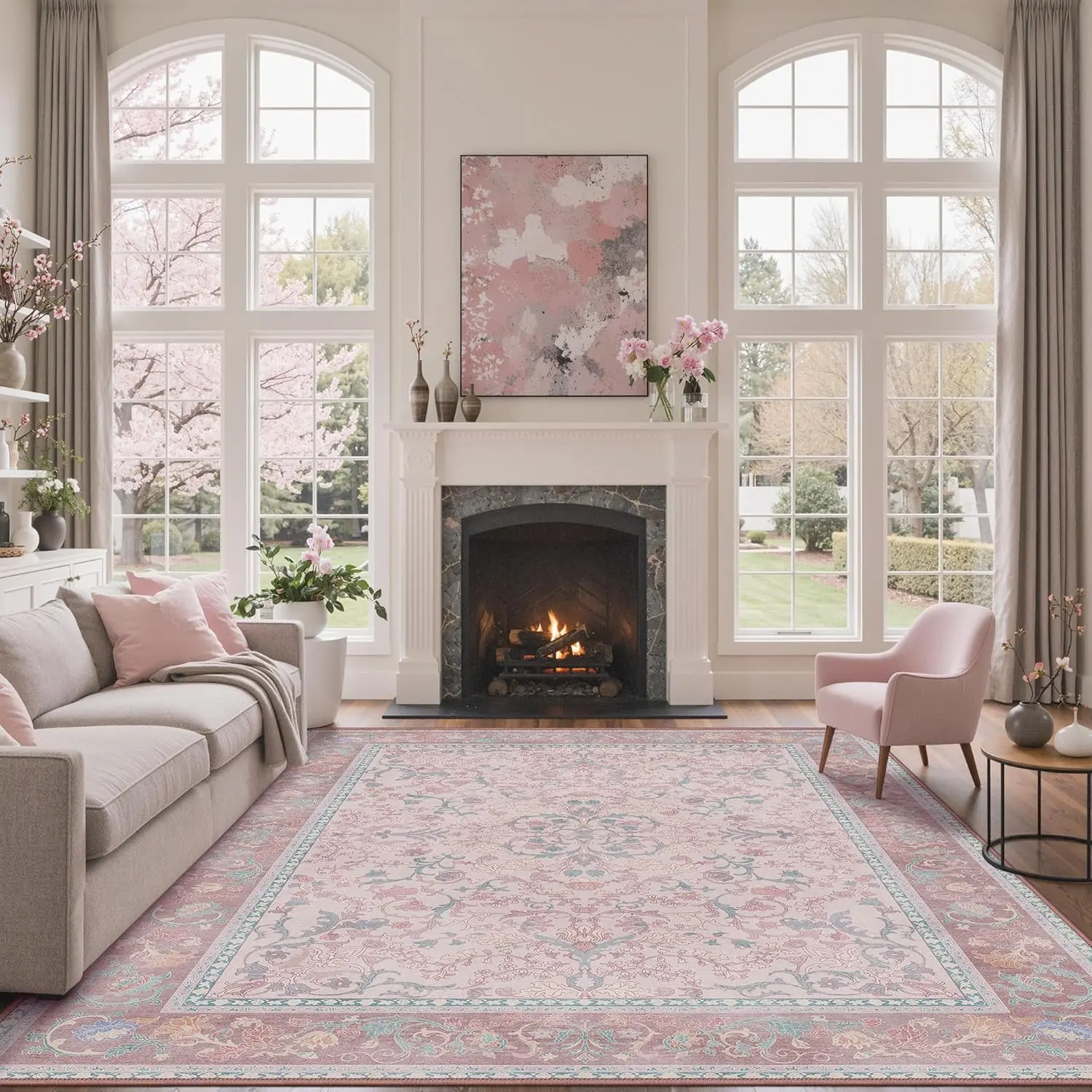 GENIMO Vintage Floral Rug - Large Washable Low-Pile Lightweight Pink Carpet with Non-Slip Backing, for Vintage Home Decor, Aesthetic Whimsical Girl Room Decor, Whimsical Room Decor