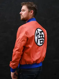 Fanzilla Jackets Goku Dragon Ball Inspired Orange Leather Jacket Long Sleeve Bomber Cut with Goku Symbol Patch & Pockets