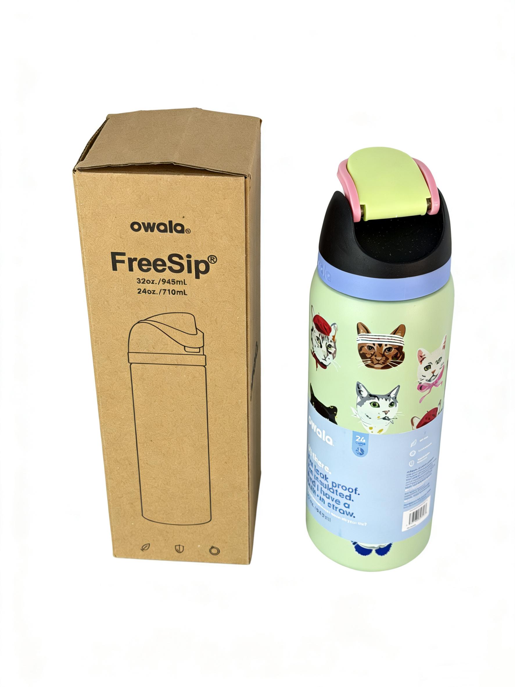 Owala 32oz Fun Cat Lover Stainless Steel Water Bottle with Push Button Straw Lid Insulated for Hot & Cold Drinks Portable Kids Reusable Flask Mug Tumbler