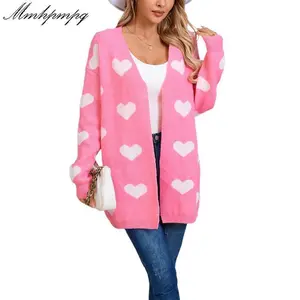 Women's Fall Winter Knit Sweater Cardigan V Neck Long Sleeved Heart Print Open Front Knitwear Womenswear Check Tops Light Casual Fitted