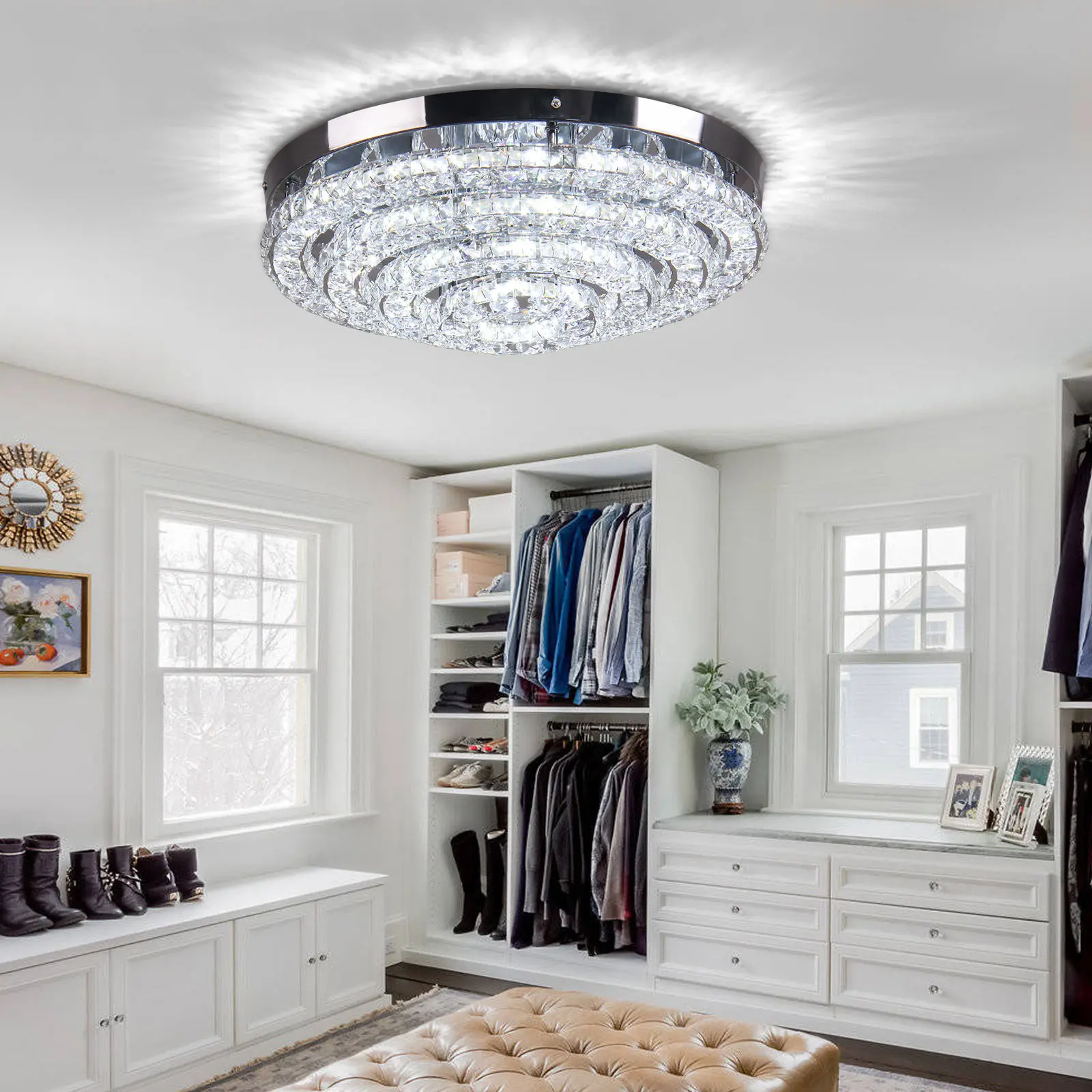 17.7-in Adjustable Modern Luxury Crystal LED Pendant Light - AC Power Source Crystal Chandelier, Remote-Controlled LED Lights for Bedroom, Dining Room, Apartments, Model QH-MC033