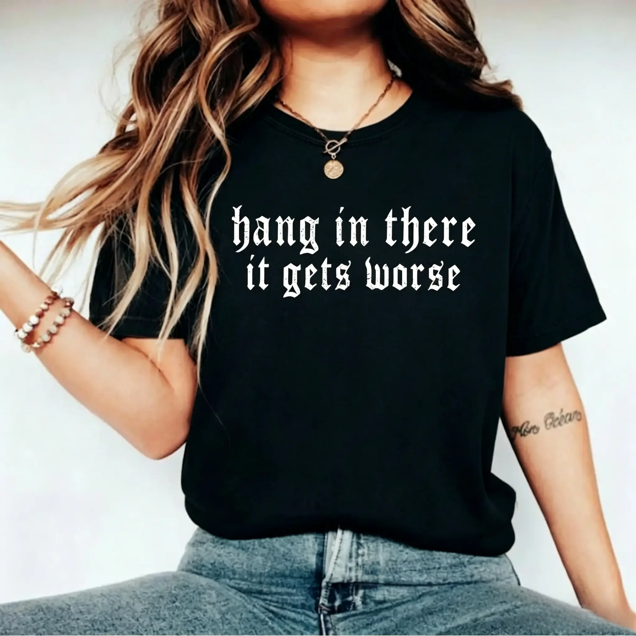 Women's Gothic Graphic Cotton Blend T-Shirt - Sarcastic Quote, Edgy Short-Sleeve Crew Neck, Funny Dark Humor Gift, Simple Casual Everyday Style for Jeans
