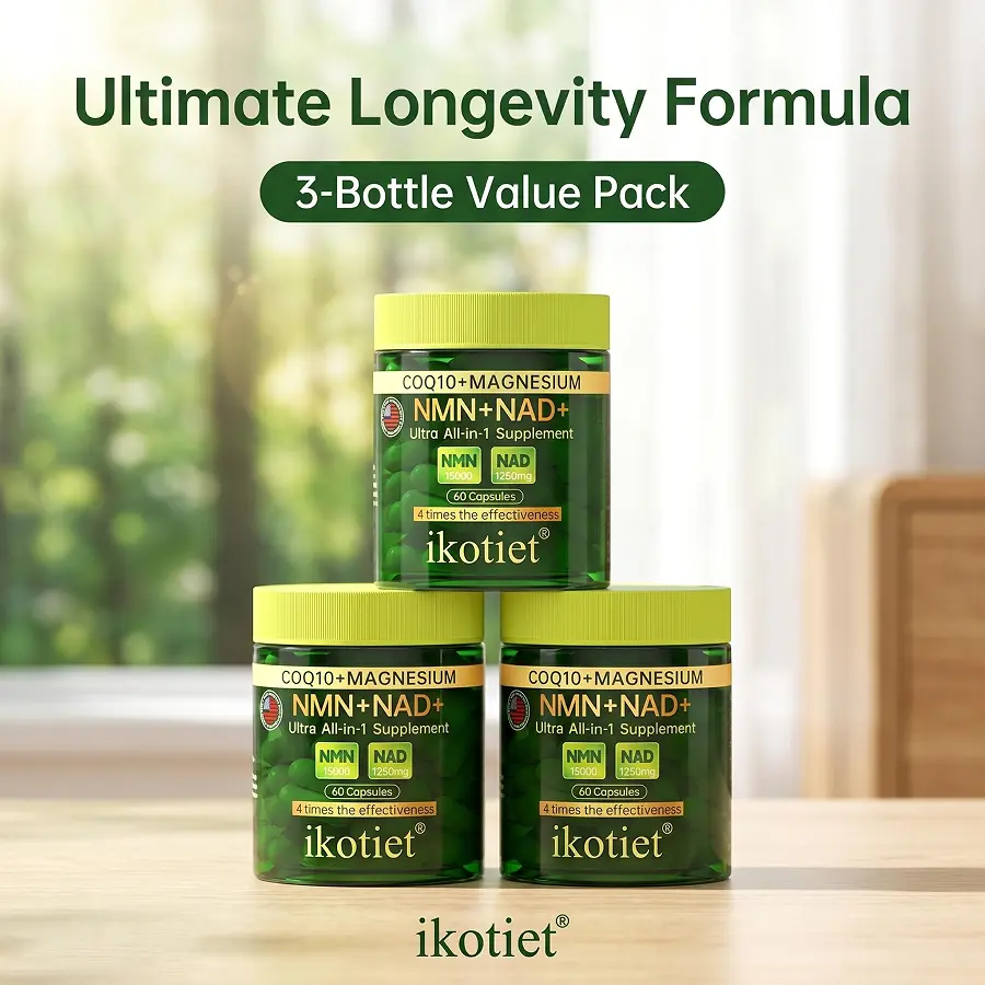 IKOTIET NAD+NMN & CoQ10 Complex Formula (15000mg Pure NAD) - Lactose-Free High-Dose Supplement with Calcium-AKG, Multivitamins, 60-120 Capsules + Fitness Trial Pack - Supports Energy Metabolism, DNA Repair (For Holistic Health Coaches)