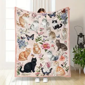 1pc Cozy Soft Fluffy Throw Blanket with Cute Cats & Floral Design - Light Pink Background,  Polyester, Perfect for Couch, Sofa, Bed, Living Room - All-Season Comfort, Ideal Gift, Cat  Warm Haven Textiles