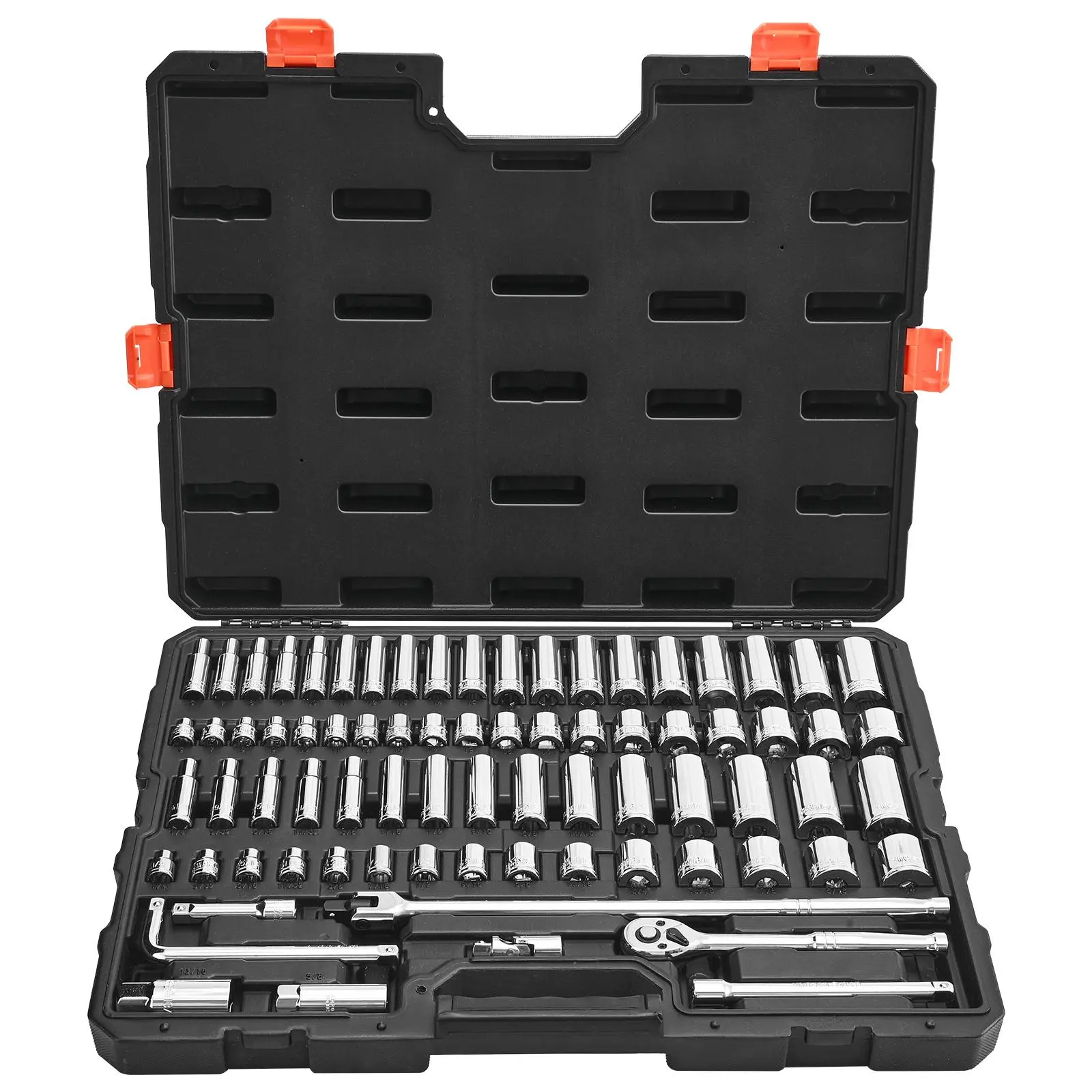 【Summerfinds】VEVOR 76-Piece 3/8 inch Drive Socket & Ratchet Tool Kit SetCR-V Alloy SteelSAE & MetricDeep & Shallow SocketsMechanic Tool Kit with Accessories & Storage Case for Automotive Repair, Work Tools, 6-Point Socket Metric