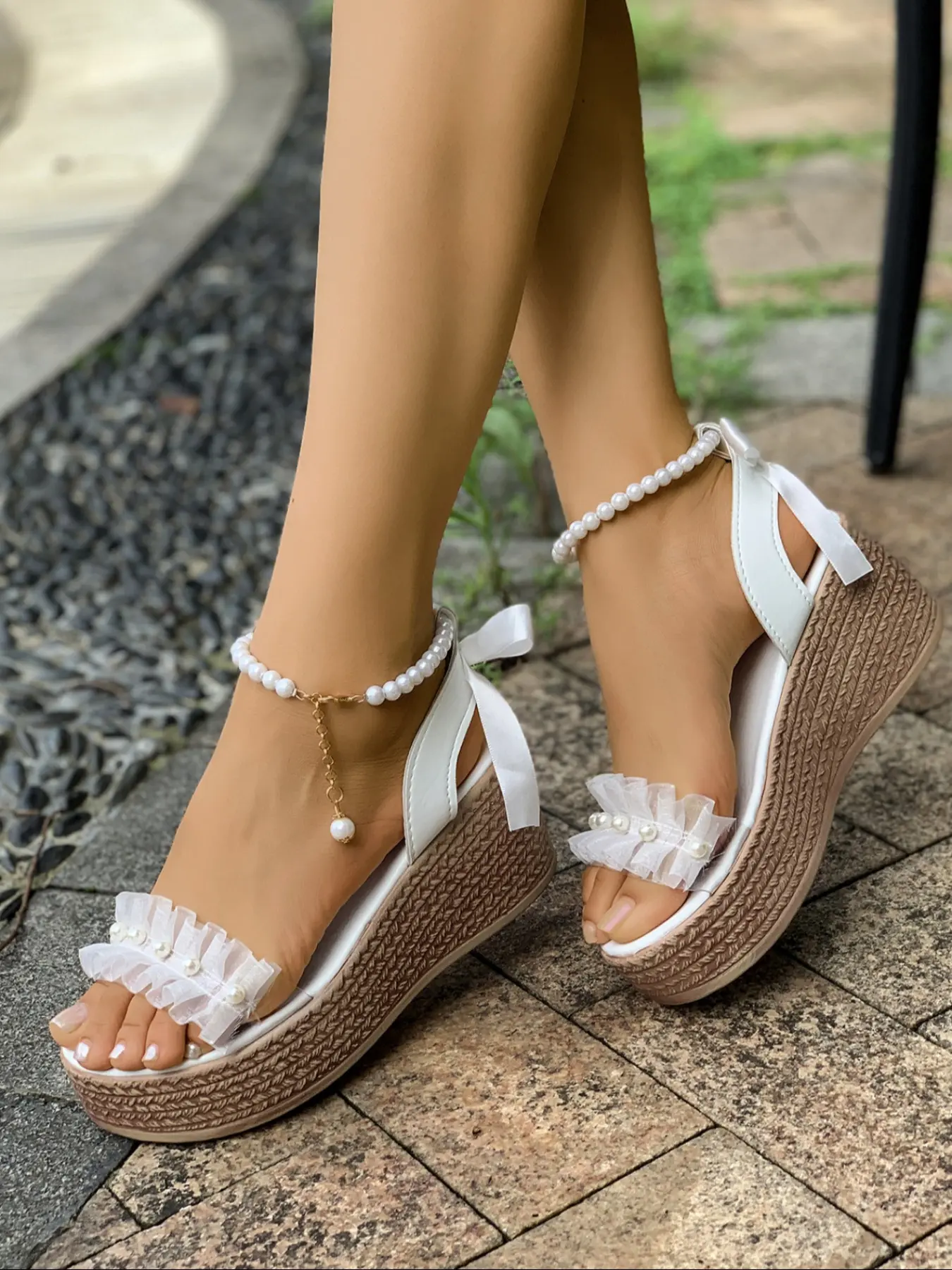 Women's Pearl Ankle Strap Platform Wedge Sandals, Slip-On Open Toe Thick Sole Summer Casual Shoes, Fashion Beach Shoes with Bow Decoration, Embellished Platform Sandal