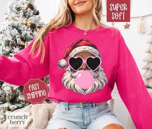 Black Santa Bubble Sweatshirt, Merry Christmas Sweater, Women's Holiday Crewneck funny santa