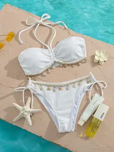 Women's Shell Weave Bikini Set, Halter Backless Sexy Fabric Two-Piece Swimsuit, Beach Vacation Pool Party Swimwear, Summer Swimsuit Set, Bikini Swimsuits