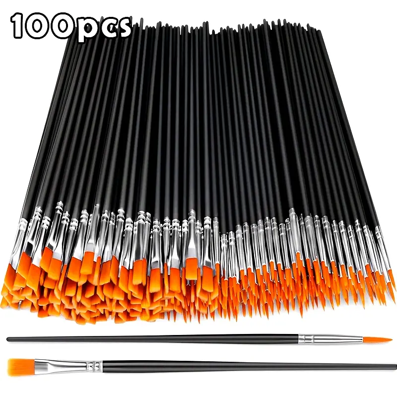 100pcs Nylon Hair Paint Brushes Set, Flat & Round Tips for Oil, Watercolor, Acrylic Painting, Artist Professional Kit, Art Supplies Kit, Painting Accessories