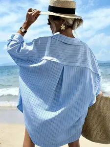 Women's blue and white striped beach lover shirt, blouse, perfect for spring and summer wear, lightweight and breathable, button-down, ideal for summer vacations and casual wear, Casual Breathable Top | #CoastalStyleOutfits #BeachEssentials