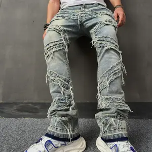 Vintage Style Men Stylish Patch Splicing Slim Straight Biker Jeans Pants Streetwear Male Motorcycle Denim Trousers