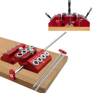 Woodworking Drill Guide Jig ,V-Drill Guide 30/45/90 Degree Angled Drill Guide Jig with 4 Sizes Drill Holes Multi-angle Drilling Hole Locator with Positioning Rod for Flat Surface, Round Part, Corner Angled Straight Holes