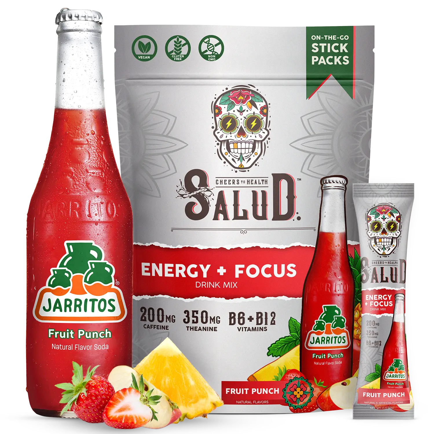 Salud x Jarritos 2-in-1 Energy Drink Powder + Focus, Fruit Punch, Organic Caffeine, B6 + B12, Theanine, Clean Energy Drink Packets, Non-GMO, Gluten Fr