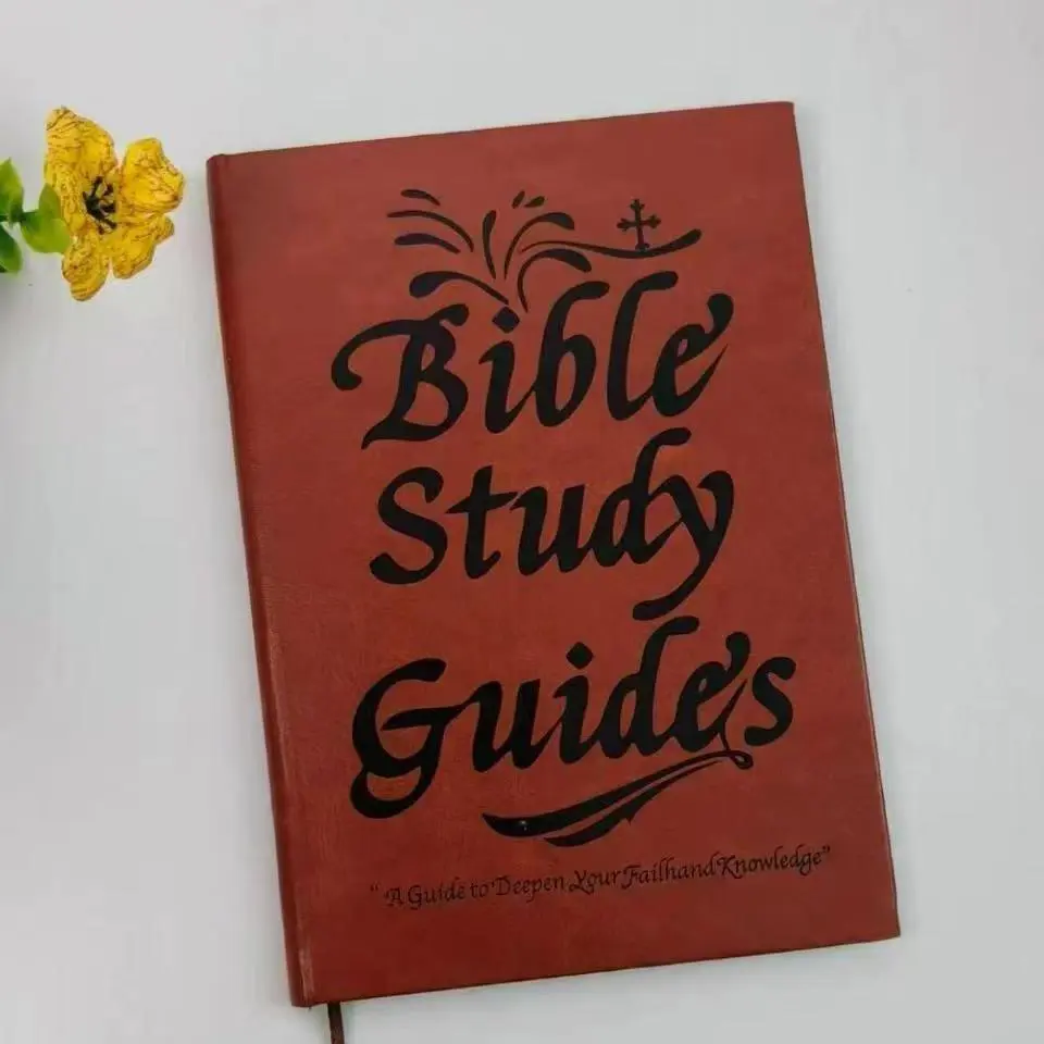 Faux leather notebook with heat-embossed English Bible study guide, vintage distressed cover, religious learning journal, discipleship record book