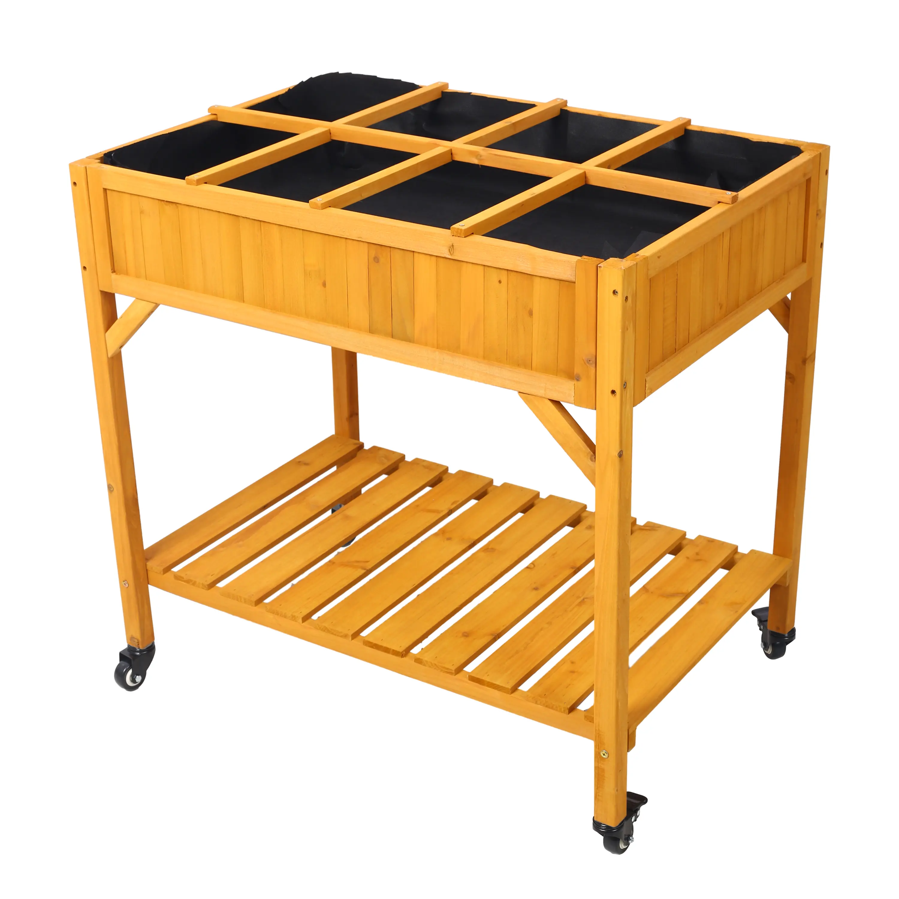 Mobile Elevated 8 Pocket Fir Wood Raised Garden Bed with Lockable Wheels & Storage Shelf for Herb Veggie Flower Planting
