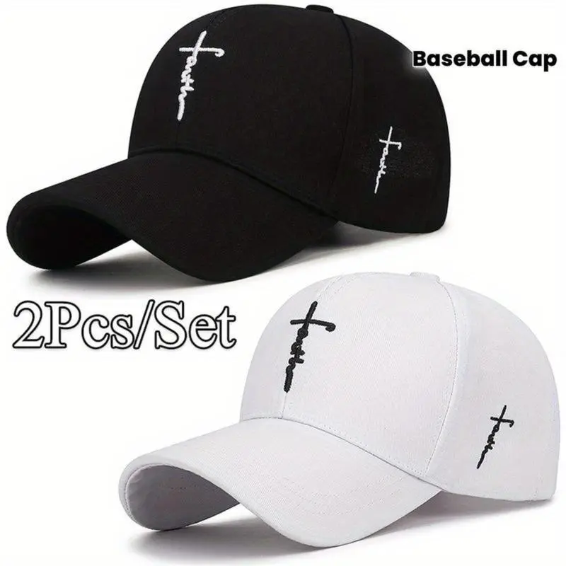 Adults' Unisex 2-Piece Cotton Caps Set - Cross Embroidery, Breathable Black & White, Adjustable Streetwear Hat, Year-Round, Casual Durable Elegant Sport-Inspired Matching Hats for Outdoor Activities
