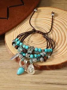 Western Cowboy Style Turquoise Wax Line Alloy Bracelet, Handmade Vintage Charm Fashion Jewelry, Retro Boho Accessory for Women, Distinctive Touch