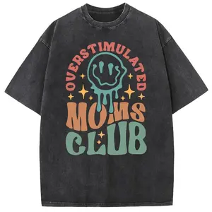 Women's Oversize Acid Wash Vintage "MOM'S Club" Graphic Short-Sleeve Top, Heavyweight Cotton Crewneck T-Shirt, Mothers Day Gift, Streetwear Casual T-Shirts for Women
