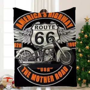 Route 66 Motorcycle Flannel Blanket - A retro American design adorned with motorcycle, wings, and star patterns, as well as the Route 66 sign from 1926-1985. Soft and warm, suitable for all seasons, ideal for home, camping, travel, and indoor/outdoor use.