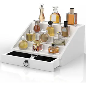 Wooden Cologne Organizer for Men Enhanced 4 Tier Cologne Stand Shelf Perfume Organizer with  Lined Drawer &  Storage Perfume Display Holder for Dresser Nice  (Elegant White)