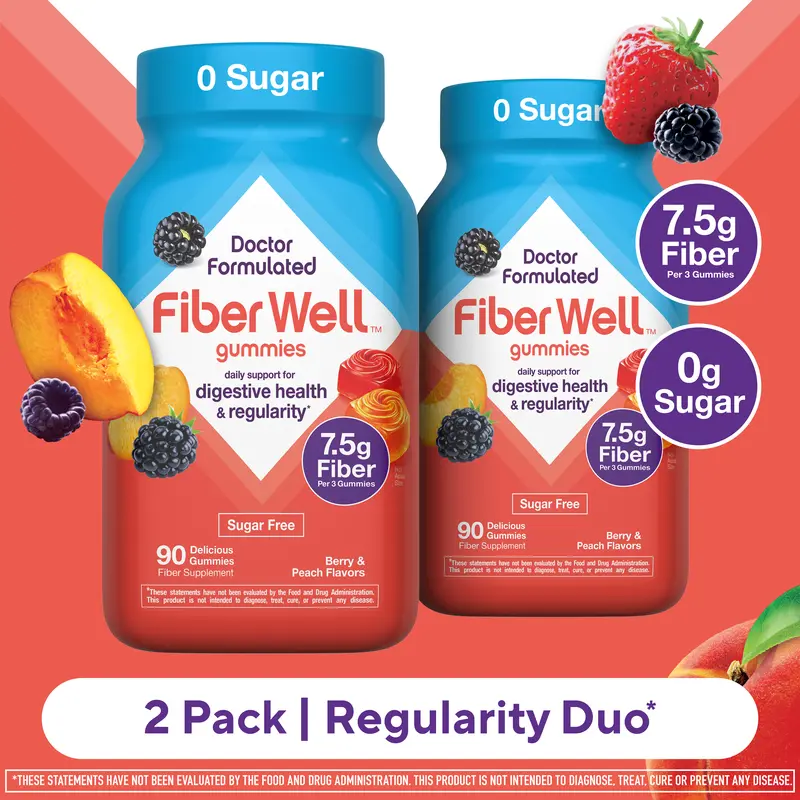 [Vitafusion] 2x Fiber Well Sugar Free Gummies - Regularity Duo - 7.5g - Berry & Peach Flavor Fiber Gummies - Supports Digestive Health & Regularity - Doctor Formulated - 180 Gummies - 2 Pack