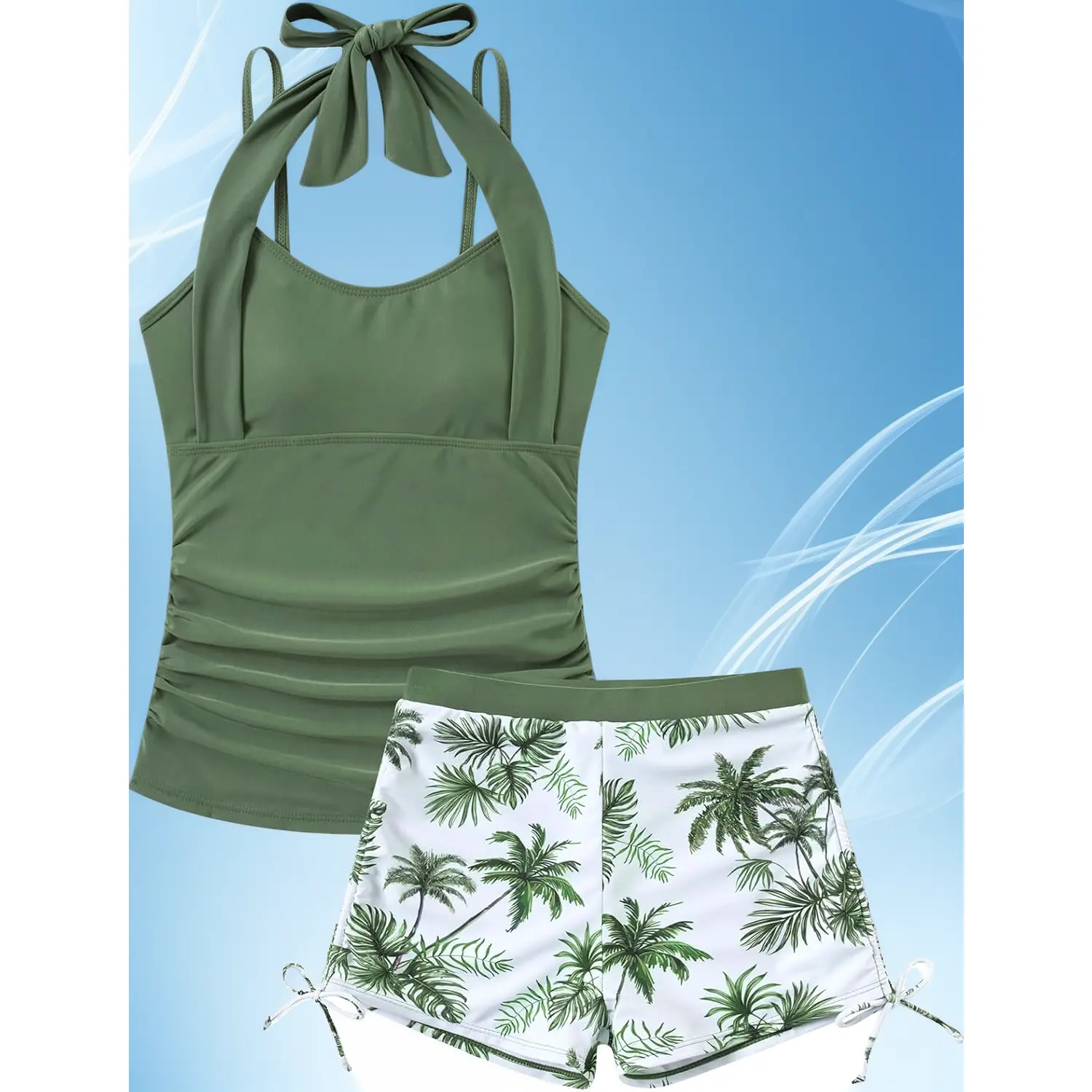 Girls' 2-Piece Halter Neck Stretchy Tankini Swimsuit Set with Swim Shorts, Youth Sizing 7-16 Including 11-12 Years for Teens