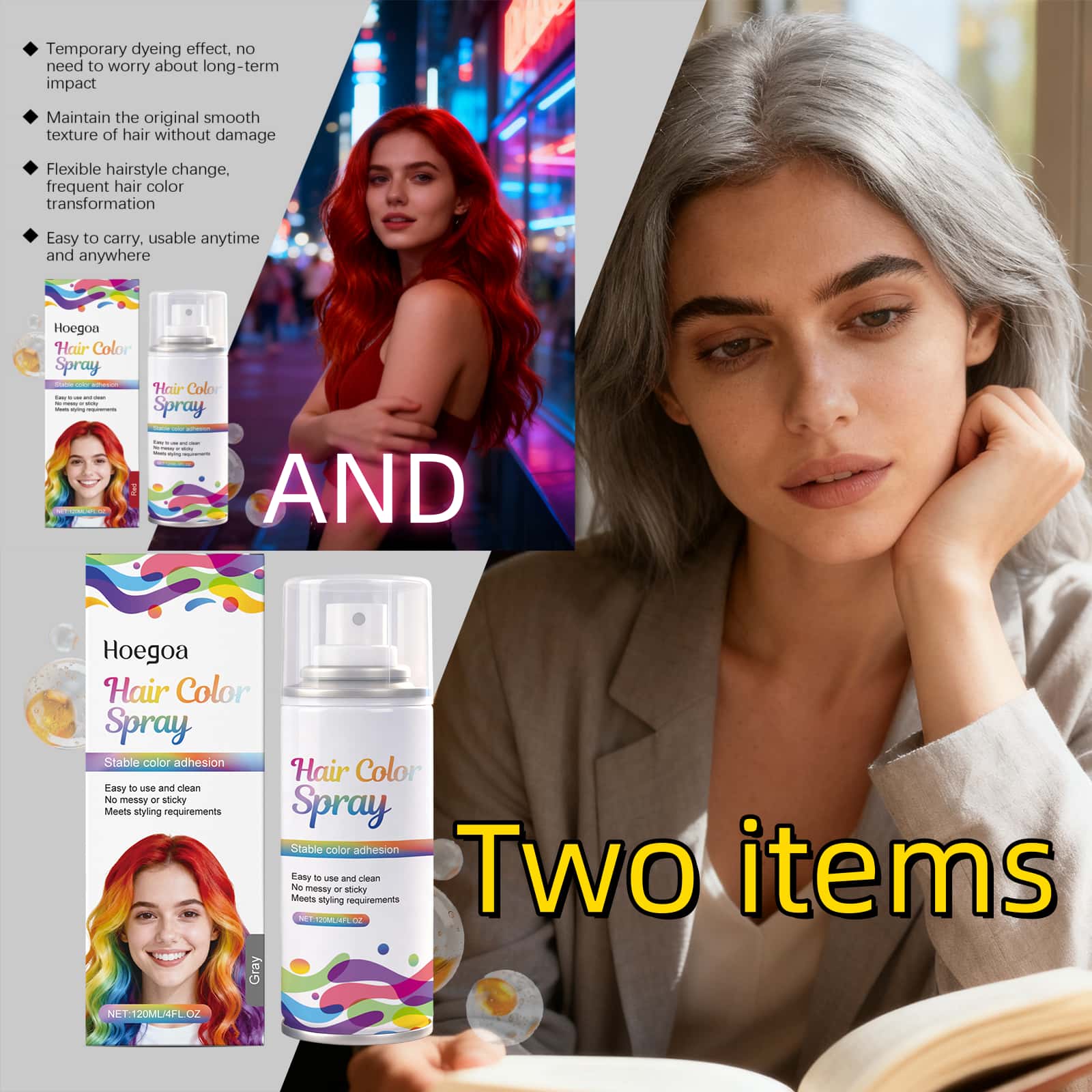 Two-piece display showcases the unique self. 120 ml. Passionate and sexy red and individualistic silver-gray temporary hair dye spray. Long-lasting, smooth, easy to wash, non-sticky, and evenly covering hairstyle spray.