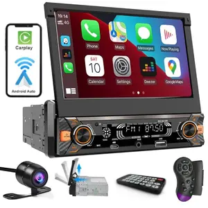 7" 1Din Motorized Flip Out Touchscreen Car Stereo – Wired Carplay & Android Auto, Mirror Link, 30-Band EQ, Fast Charger, with Hidden Rear View Camera, Universal Fit for Car/Van/RV/Truck